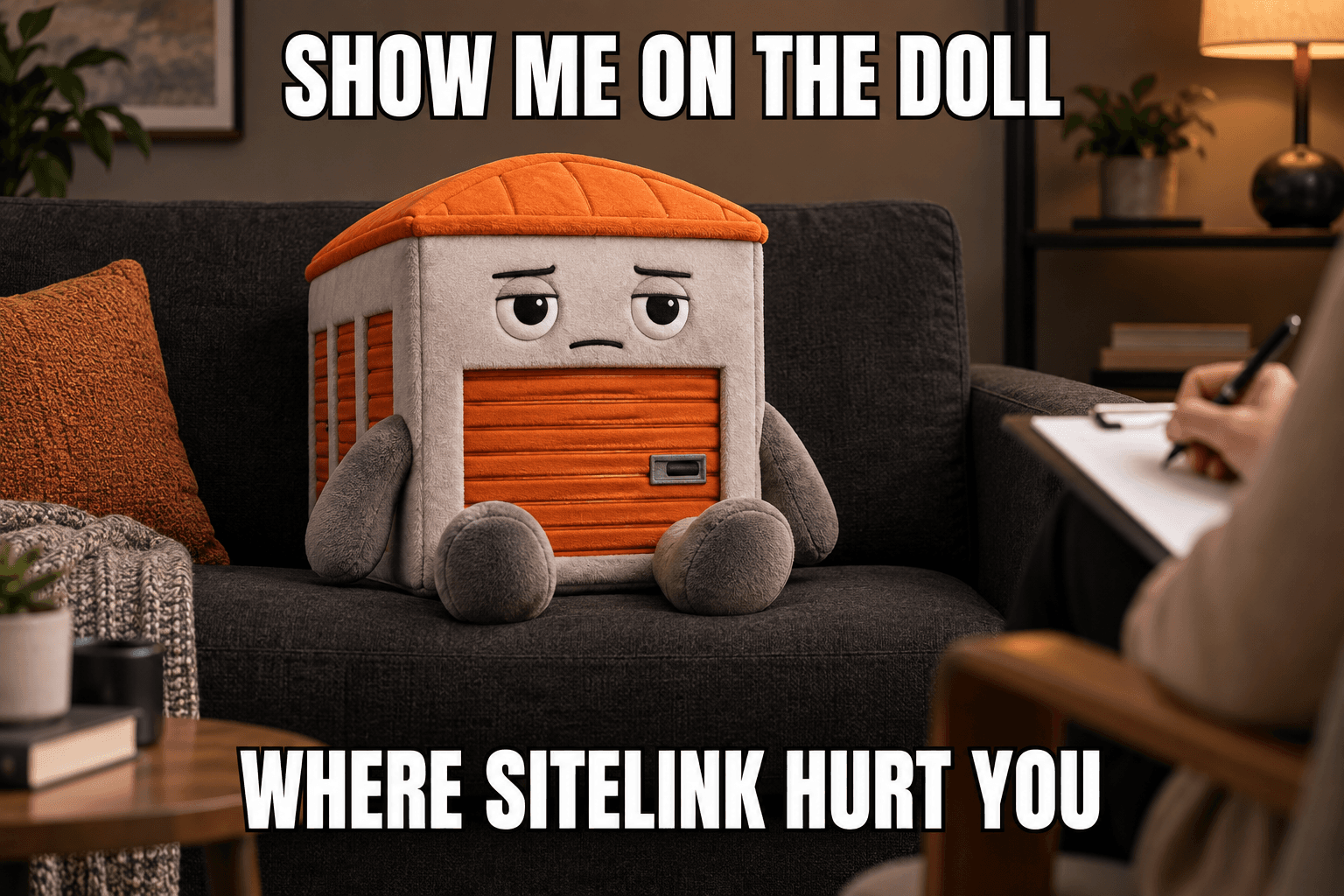 A therapist's couch meme captioned 'Show me on the doll where SiteLink hurt you,' referencing operator frustration with legacy storage-management software.